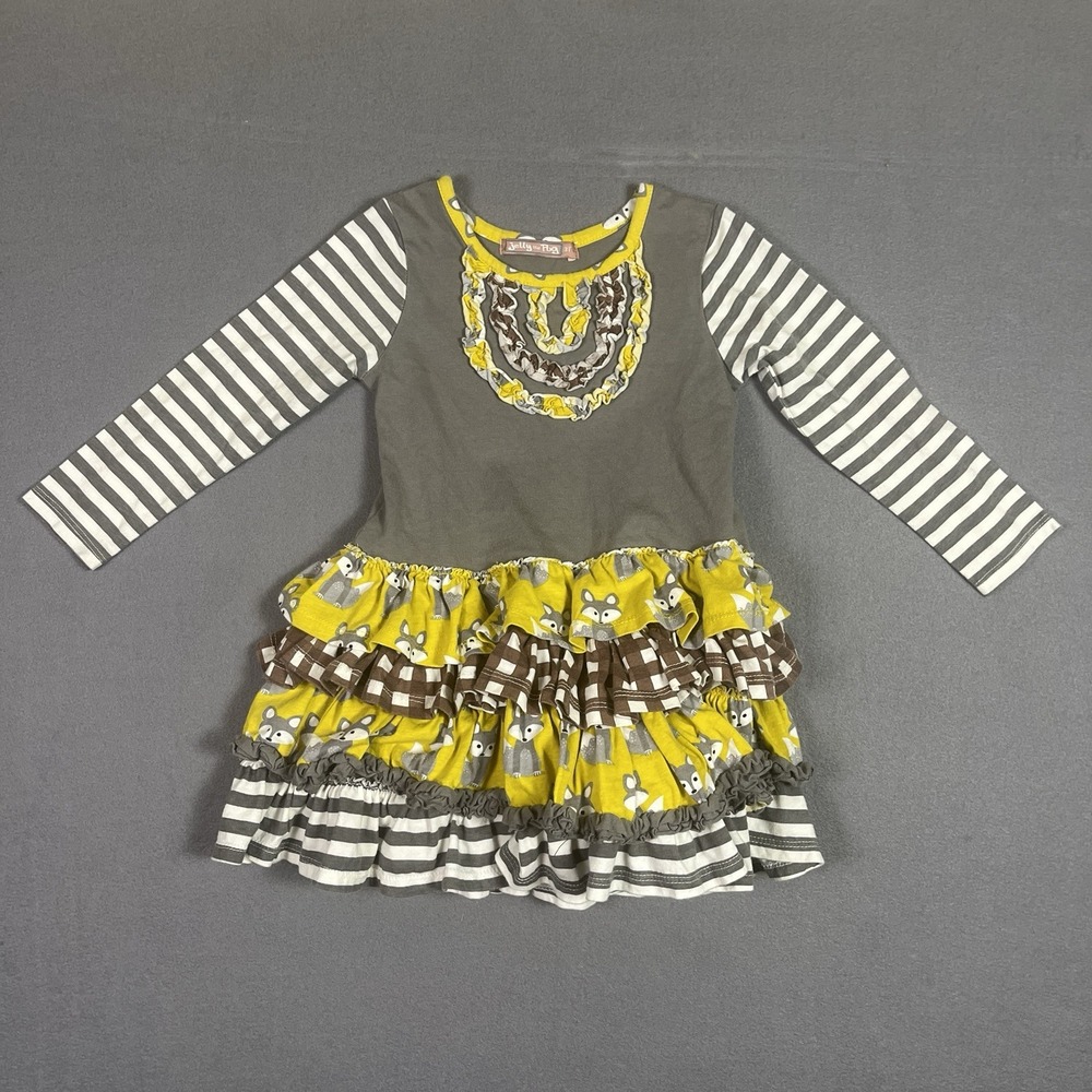 Jelly the Pug Dress Toddler 3T Grey Yellow Fall Fox Ruffle Tiered Long Sleeve